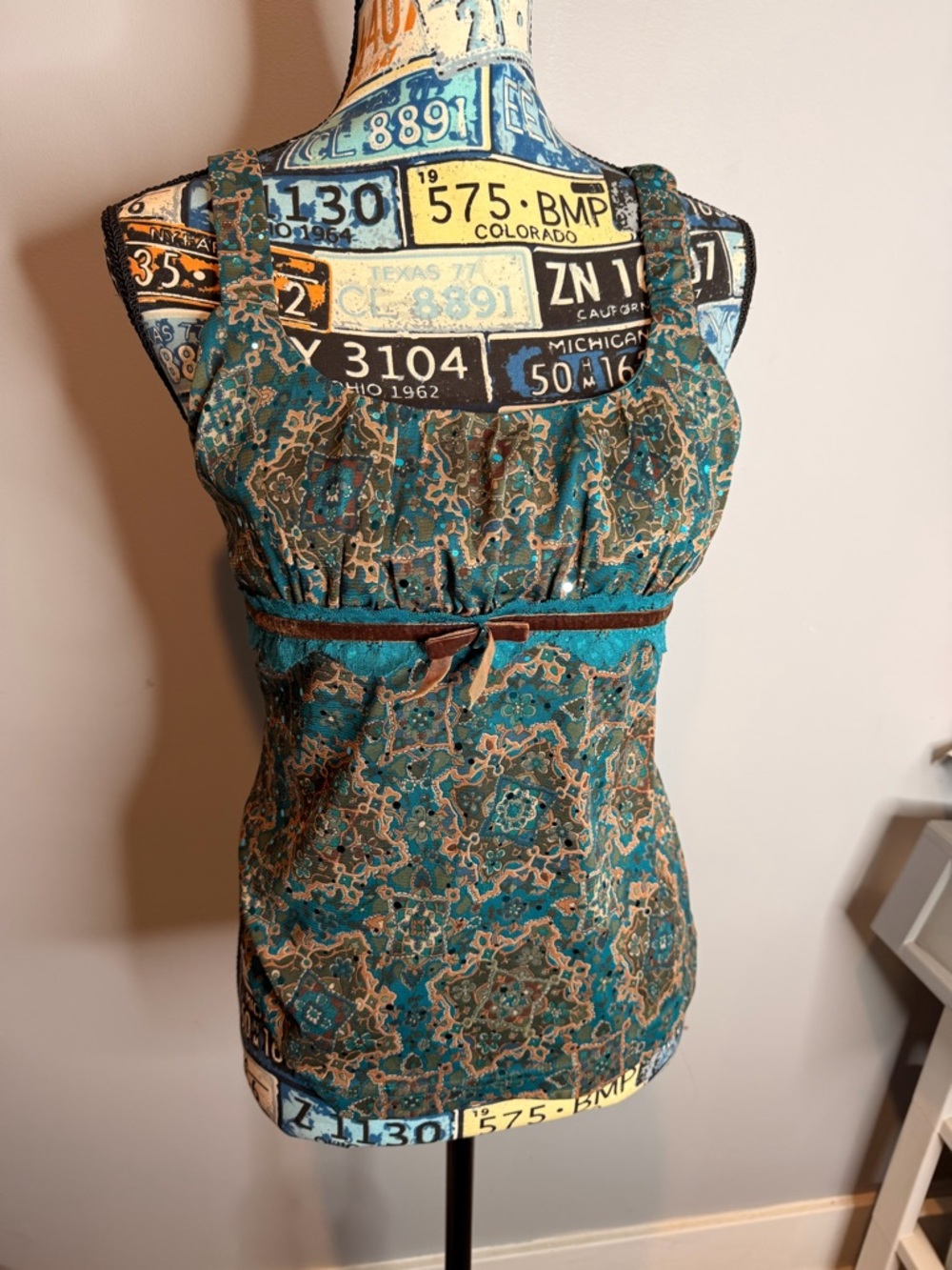 Y2K Women's Teal Floral Print Tank Top with Brown Trim
